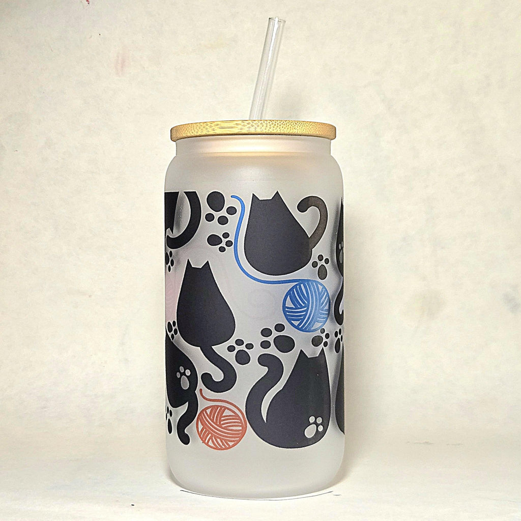 16oz Fat Cats Chasing Yarn Balls Matte Glass Tumbler - Coffee Quips Custom Drinkware