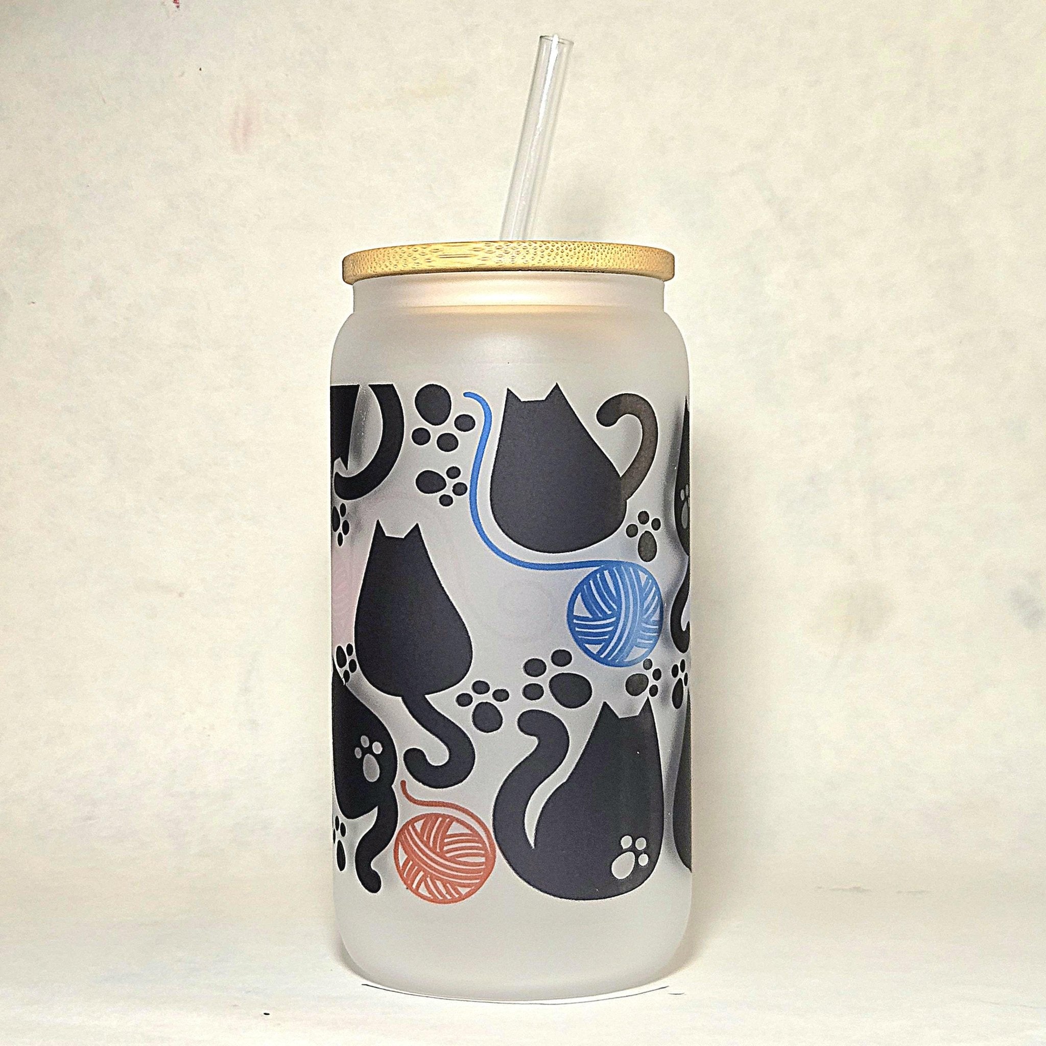 16oz Fat Cats Chasing Yarn Balls Matte Glass Tumbler - Coffee Quips Custom Drinkware