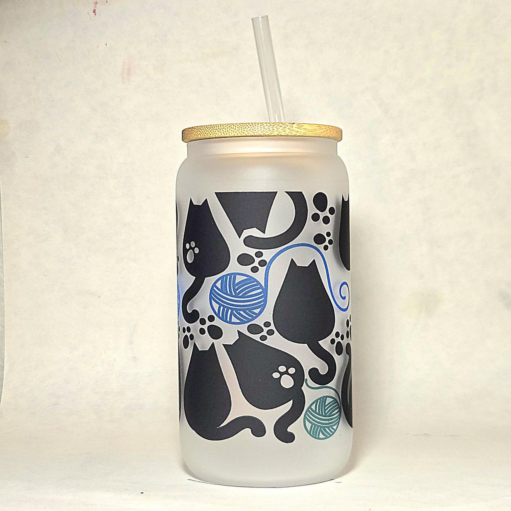 16oz Fat Cats Chasing Yarn Balls Matte Glass Tumbler - Coffee Quips Custom Drinkware