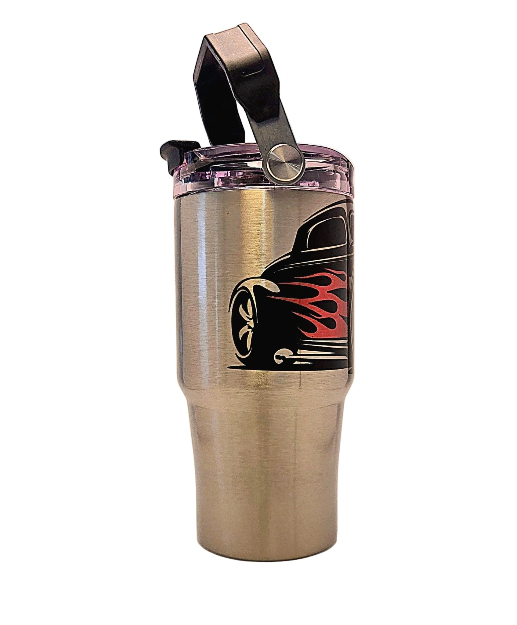 Flamed Hot Rod Stainless Tumbler with Carrying Handle and Tri Sip Lid - Coffee Quips Custom Drinkware