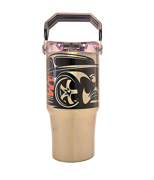 Flamed Hot Rod Stainless Tumbler with Carrying Handle and Tri Sip Lid - Coffee Quips Custom Drinkware