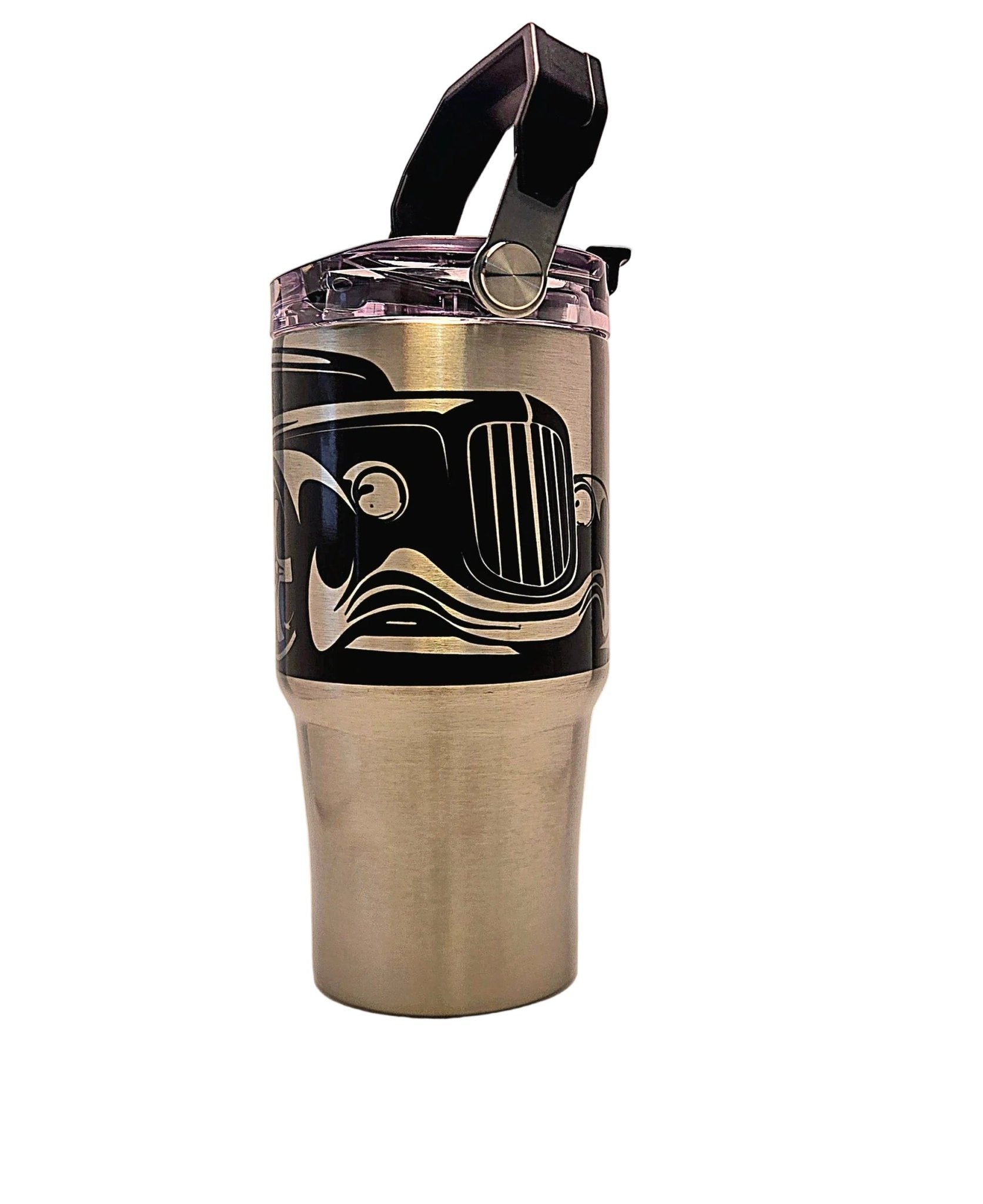 Flamed Hot Rod Stainless Tumbler with Carrying Handle and Tri Sip Lid - Coffee Quips Custom Drinkware