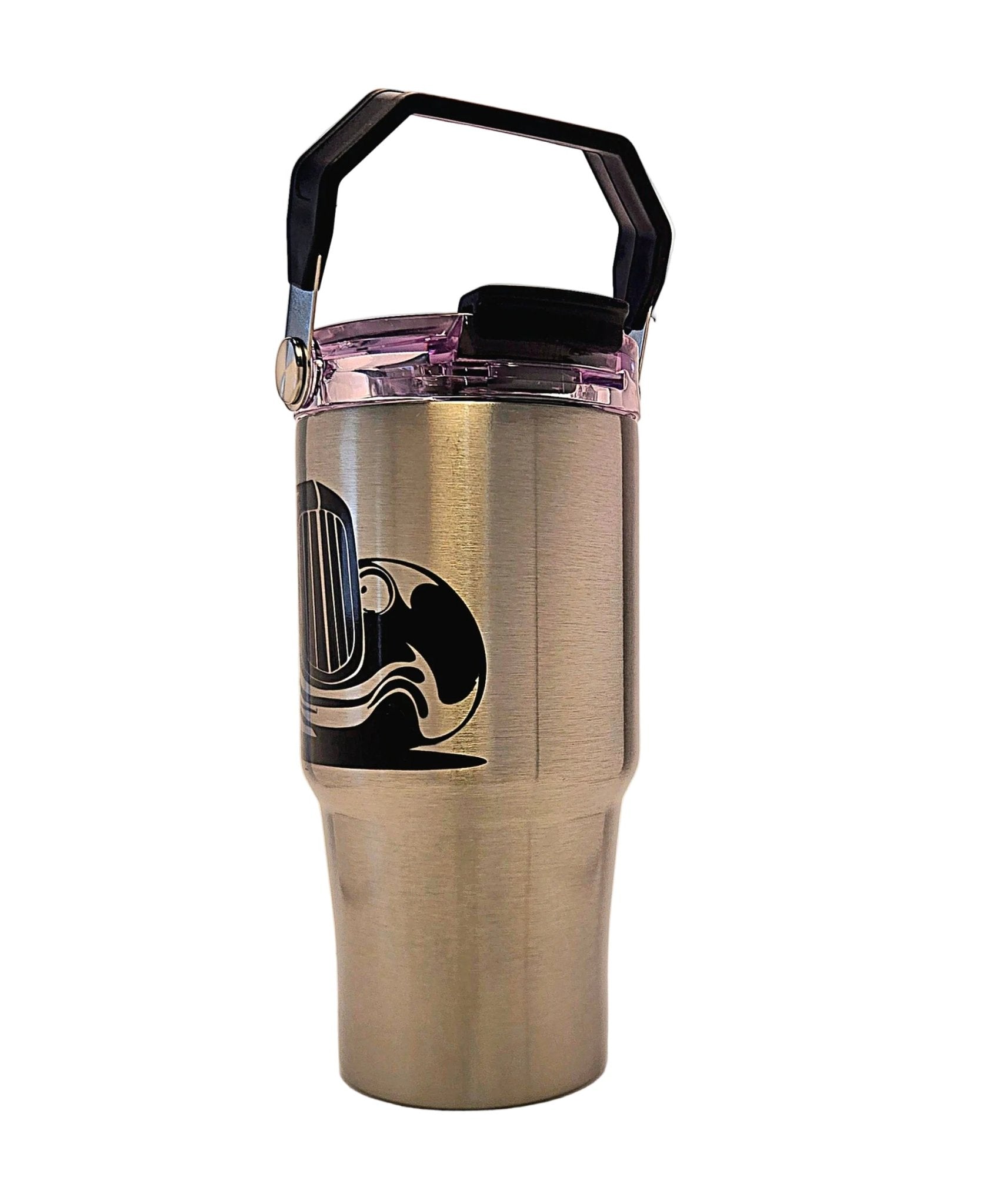 Flamed Hot Rod Stainless Tumbler with Carrying Handle and Tri Sip Lid - Coffee Quips Custom Drinkware