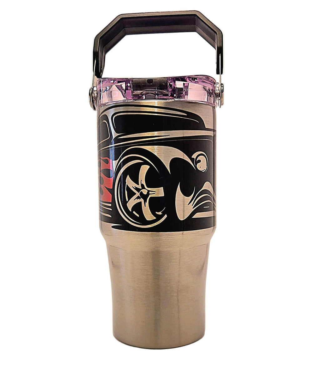 Flamed Hot Rod Stainless Tumbler with Carrying Handle and Tri Sip Lid - Coffee Quips Custom Drinkware
