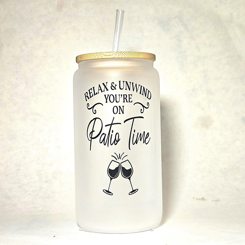 Frosted Glass Can Tumbler: Coffee Quips - Patio Time - Coffee Quips Custom Drinkware