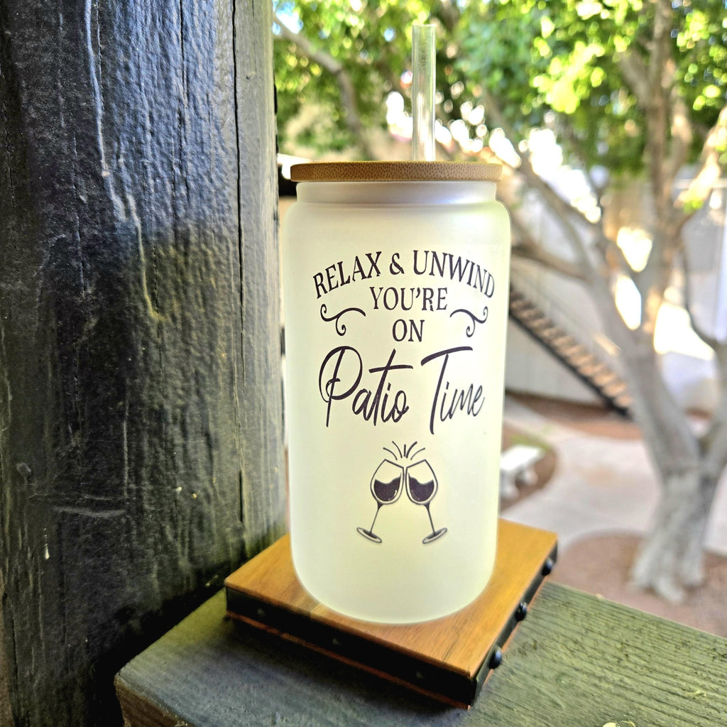Frosted Glass Can Tumbler: Coffee Quips - Patio Time - Coffee Quips Custom Drinkware
