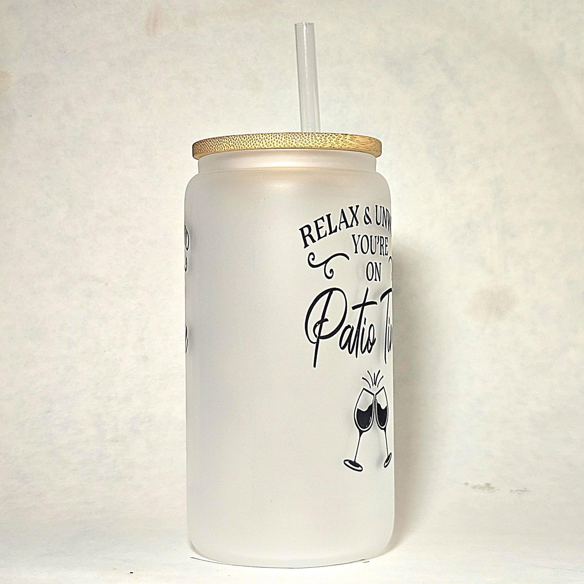 Frosted Glass Can Tumbler: Coffee Quips - Patio Time - Coffee Quips Custom Drinkware