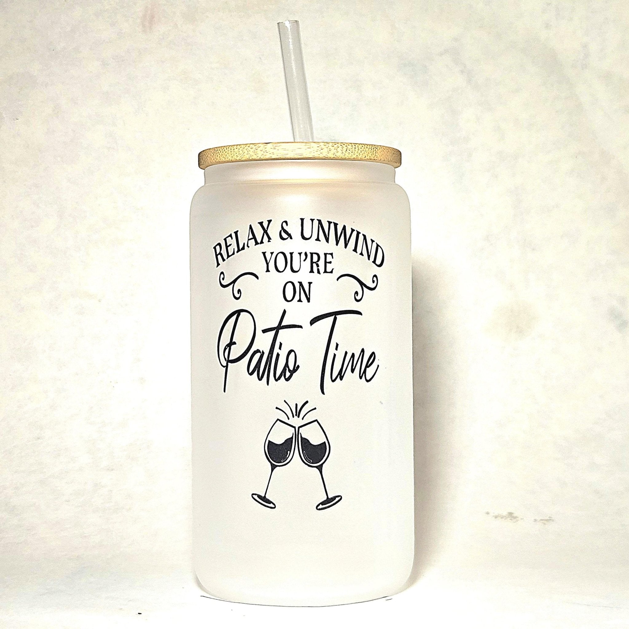 Frosted Glass Can Tumbler: Coffee Quips - Patio Time - Coffee Quips Custom Drinkware