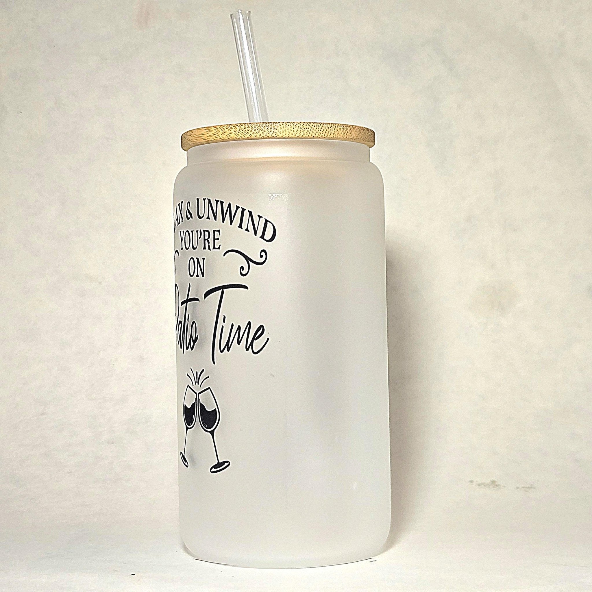 Frosted Glass Can Tumbler: Coffee Quips - Patio Time - Coffee Quips Custom Drinkware