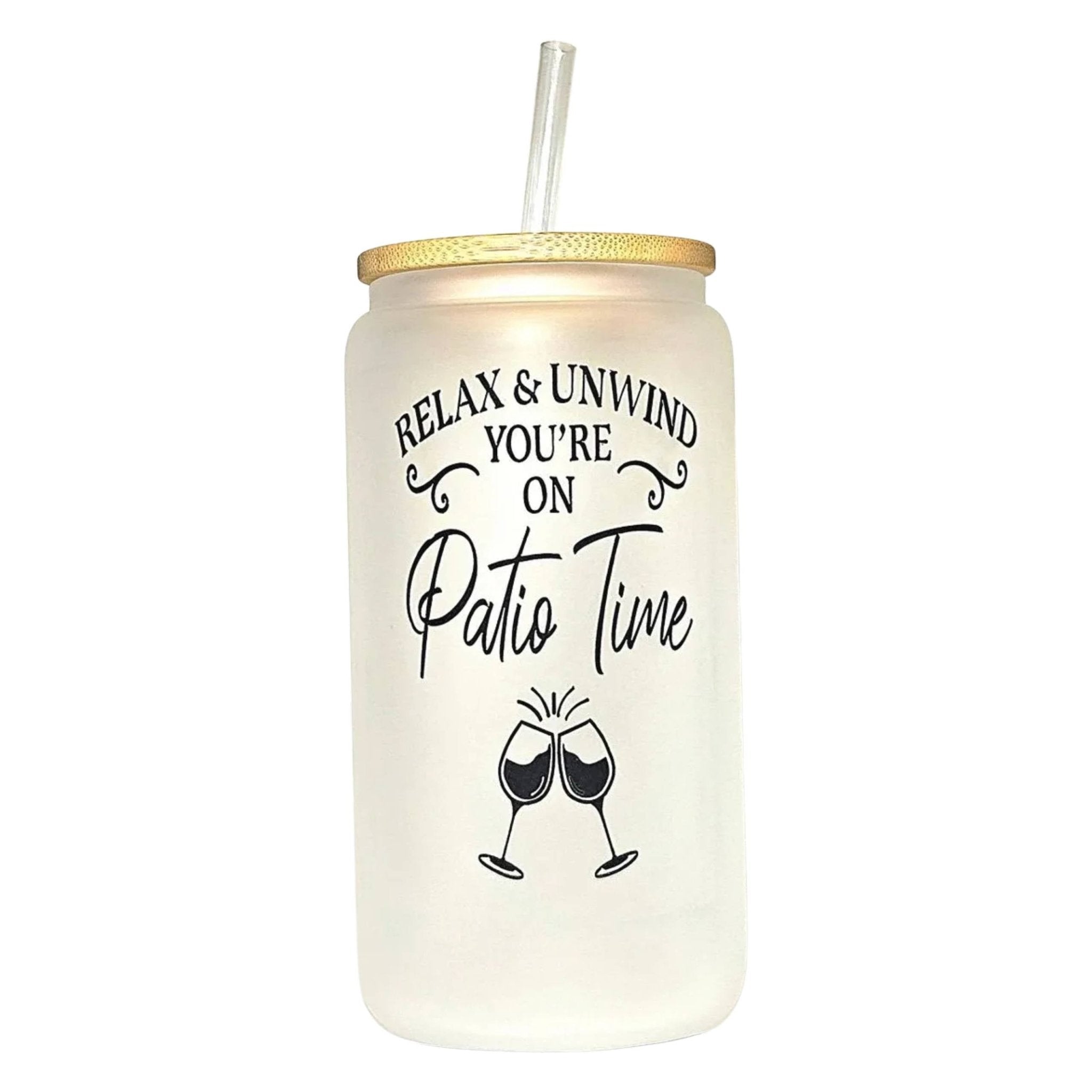 Frosted Glass Can Tumbler: Coffee Quips - Patio Time - Coffee Quips Custom Drinkware