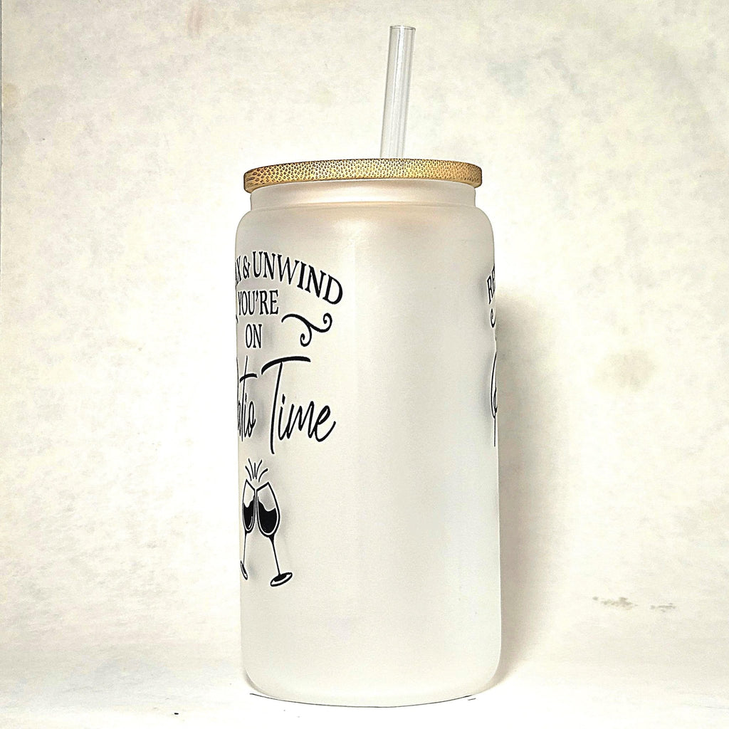 Frosted Glass Can Tumbler: Coffee Quips - Patio Time - Coffee Quips Custom Drinkware
