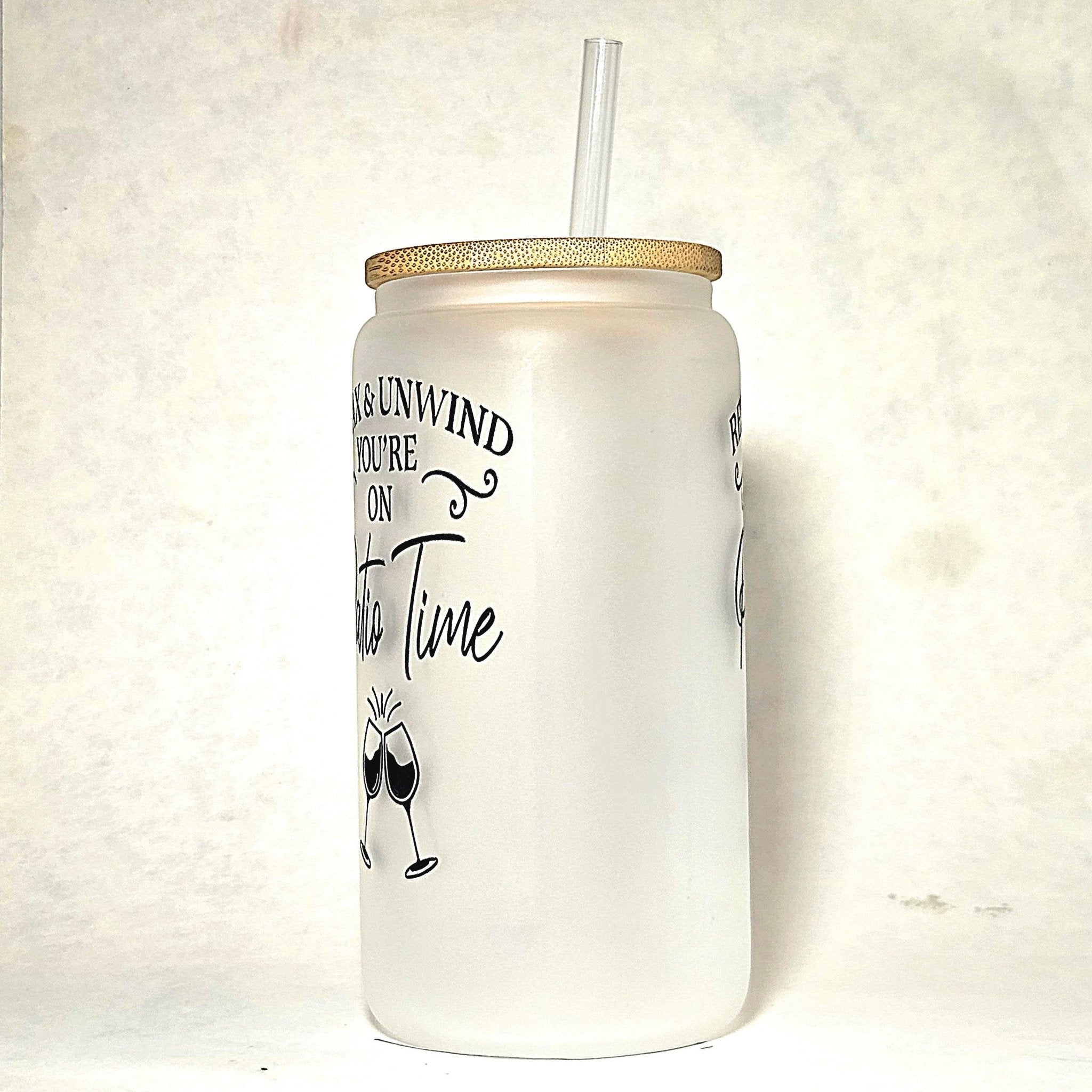 Frosted Glass Can Tumbler: Coffee Quips - Patio Time - Coffee Quips Custom Drinkware