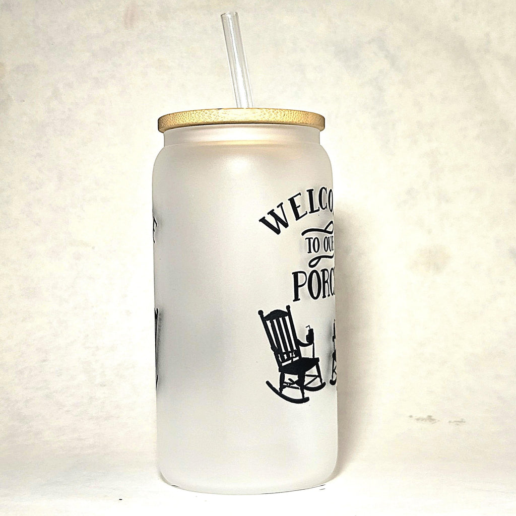 Frosted Glass Can Tumbler: Coffee Quips Porch Design, Bamboo Lid & Straw - Coffee Quips Custom Drinkware