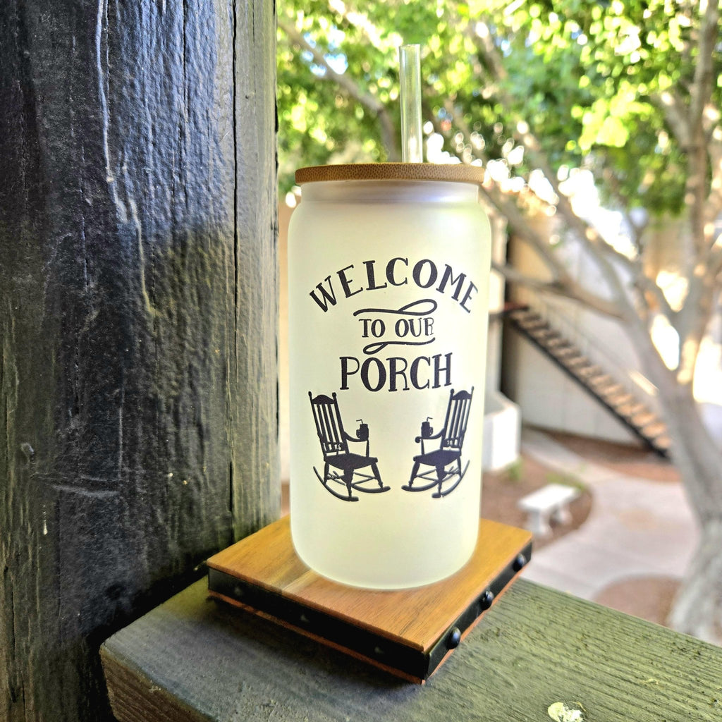 Frosted Glass Can Tumbler: Coffee Quips Porch Design, Bamboo Lid & Straw - Coffee Quips Custom Drinkware