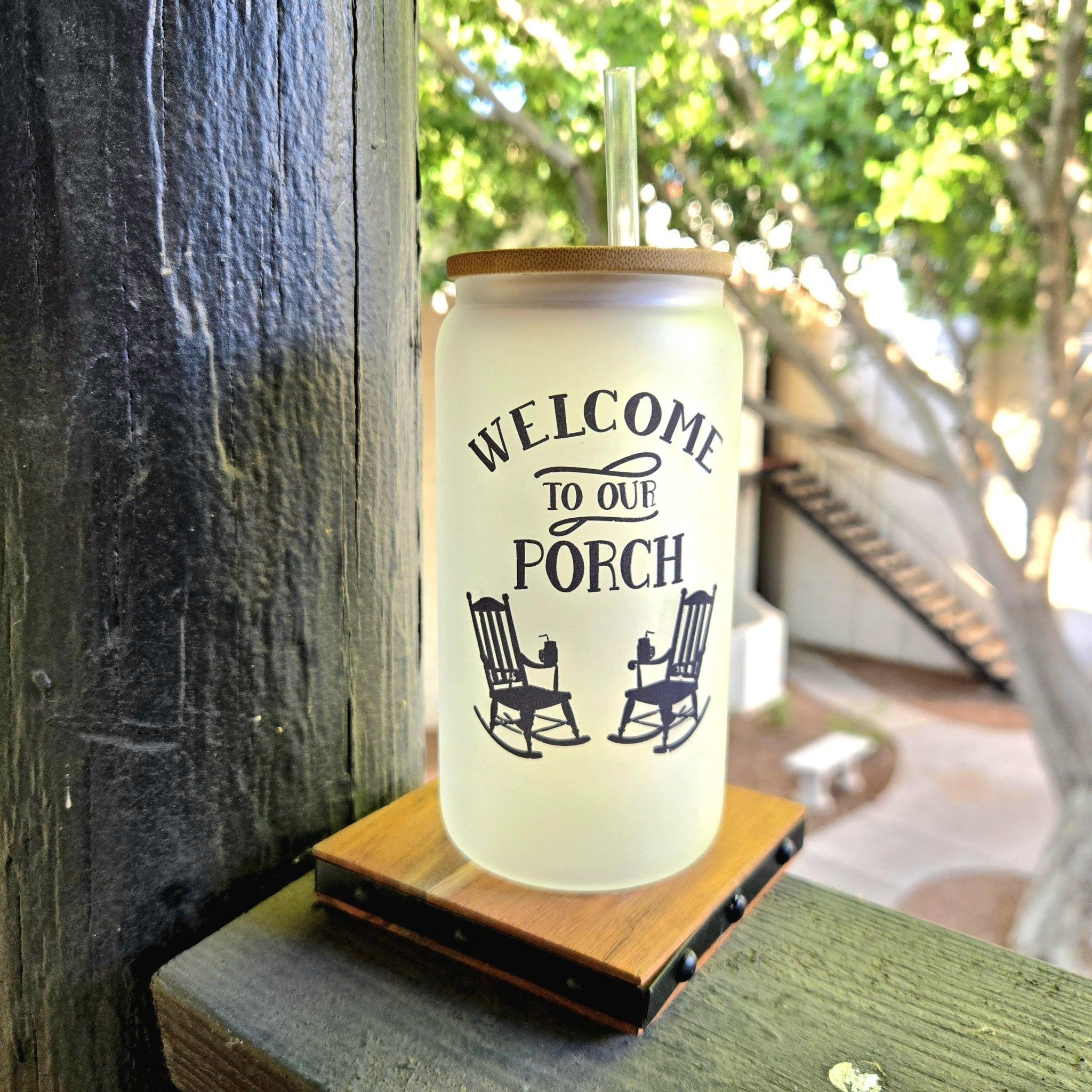 Frosted Glass Can Tumbler: Coffee Quips Porch Design, Bamboo Lid & Straw - Coffee Quips Custom Drinkware