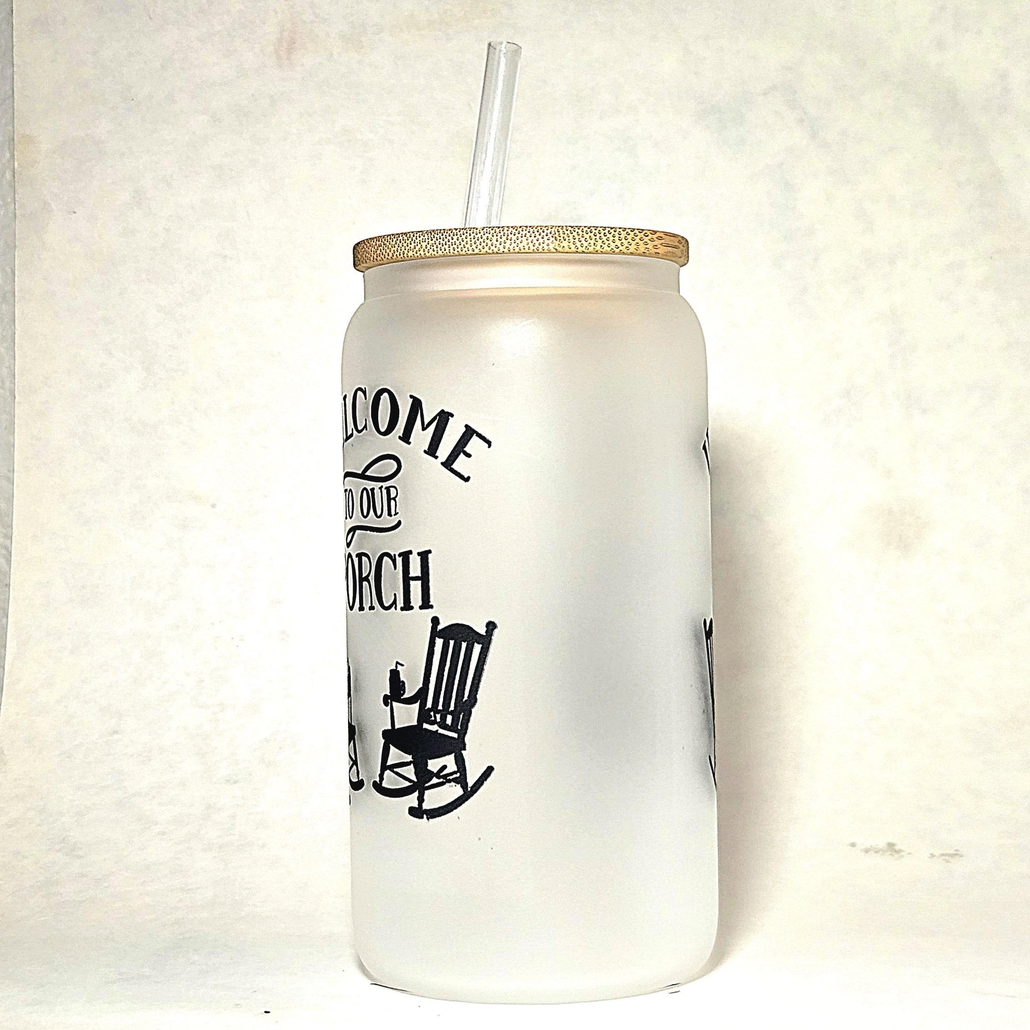 Frosted Glass Can Tumbler: Coffee Quips Porch Design, Bamboo Lid & Straw - Coffee Quips Custom Drinkware