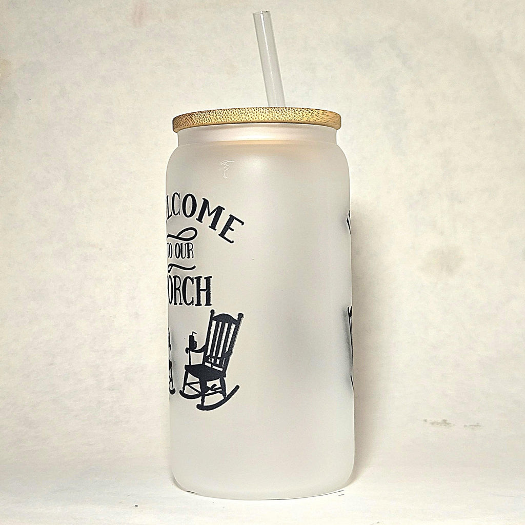Frosted Glass Can Tumbler: Coffee Quips Porch Design, Bamboo Lid & Straw - Coffee Quips Custom Drinkware