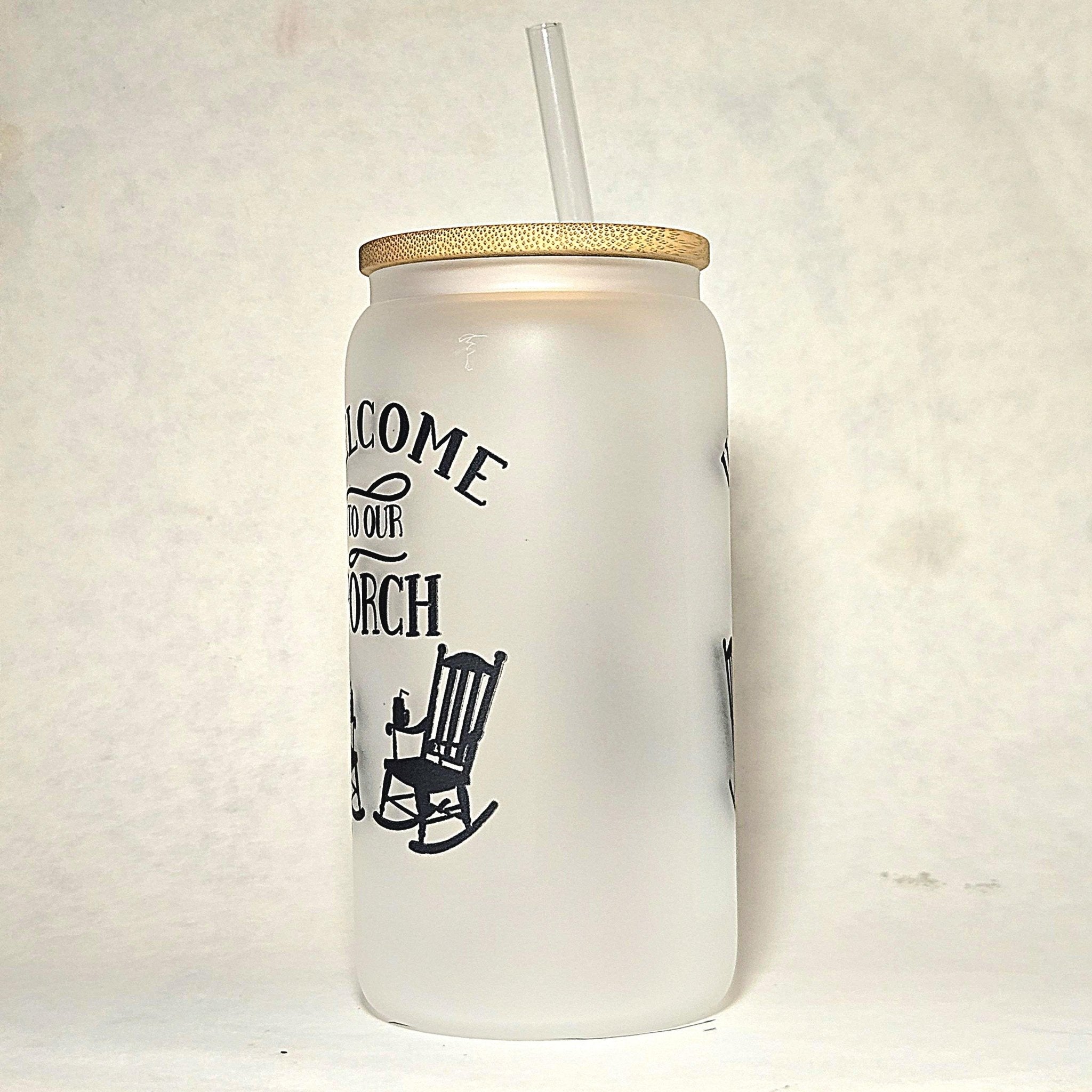 Frosted Glass Can Tumbler: Coffee Quips Porch Design, Bamboo Lid & Straw - Coffee Quips Custom Drinkware