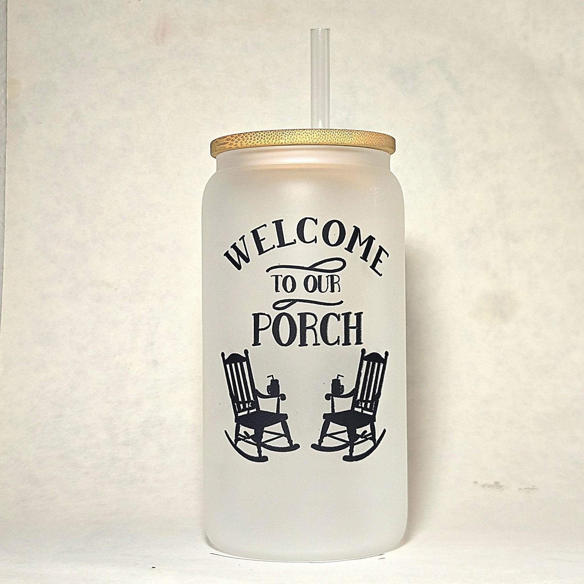 Frosted Glass Can Tumbler: Coffee Quips Porch Design, Bamboo Lid & Straw - Coffee Quips Custom Drinkware