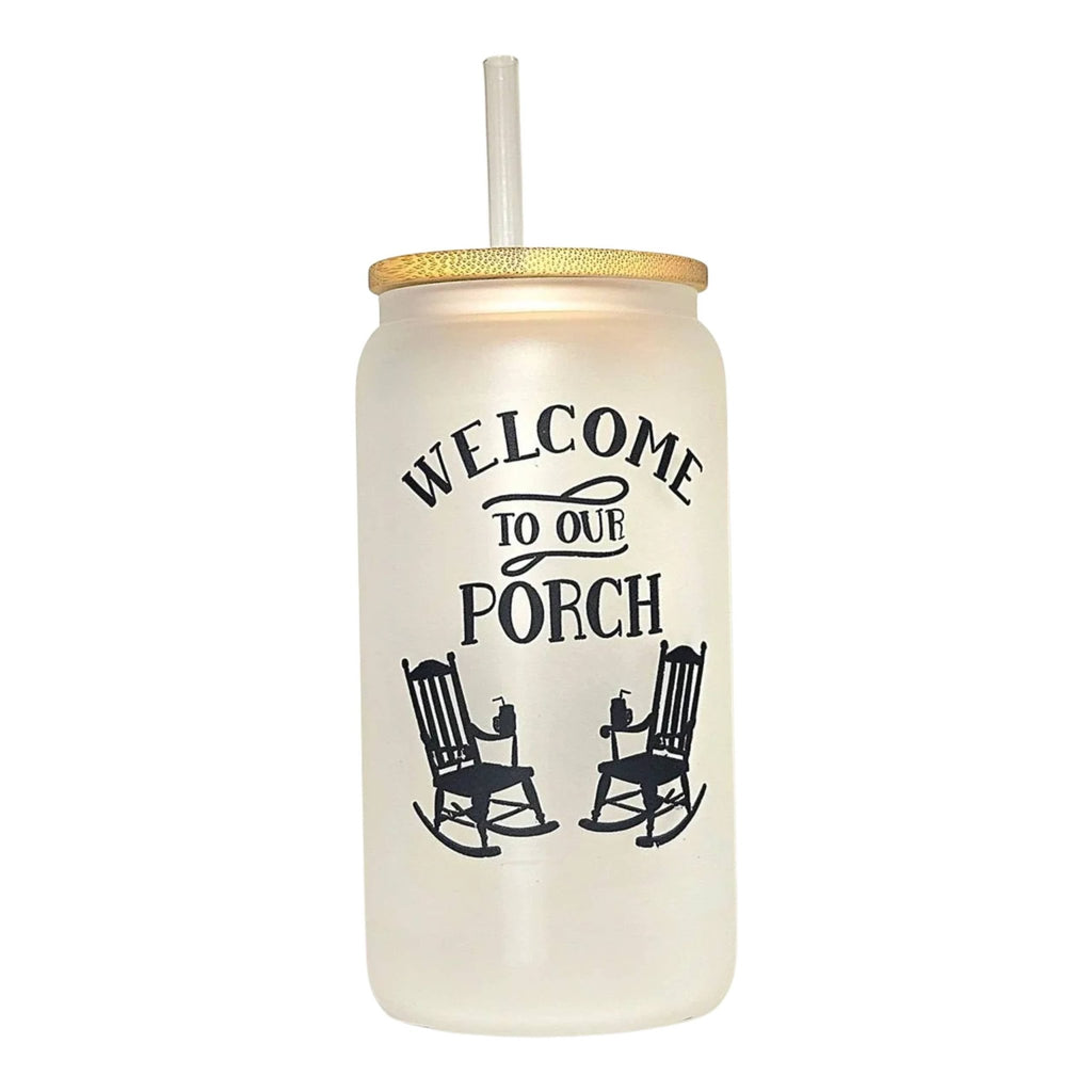 Frosted Glass Can Tumbler: Coffee Quips Porch Design, Bamboo Lid & Straw - Coffee Quips Custom Drinkware