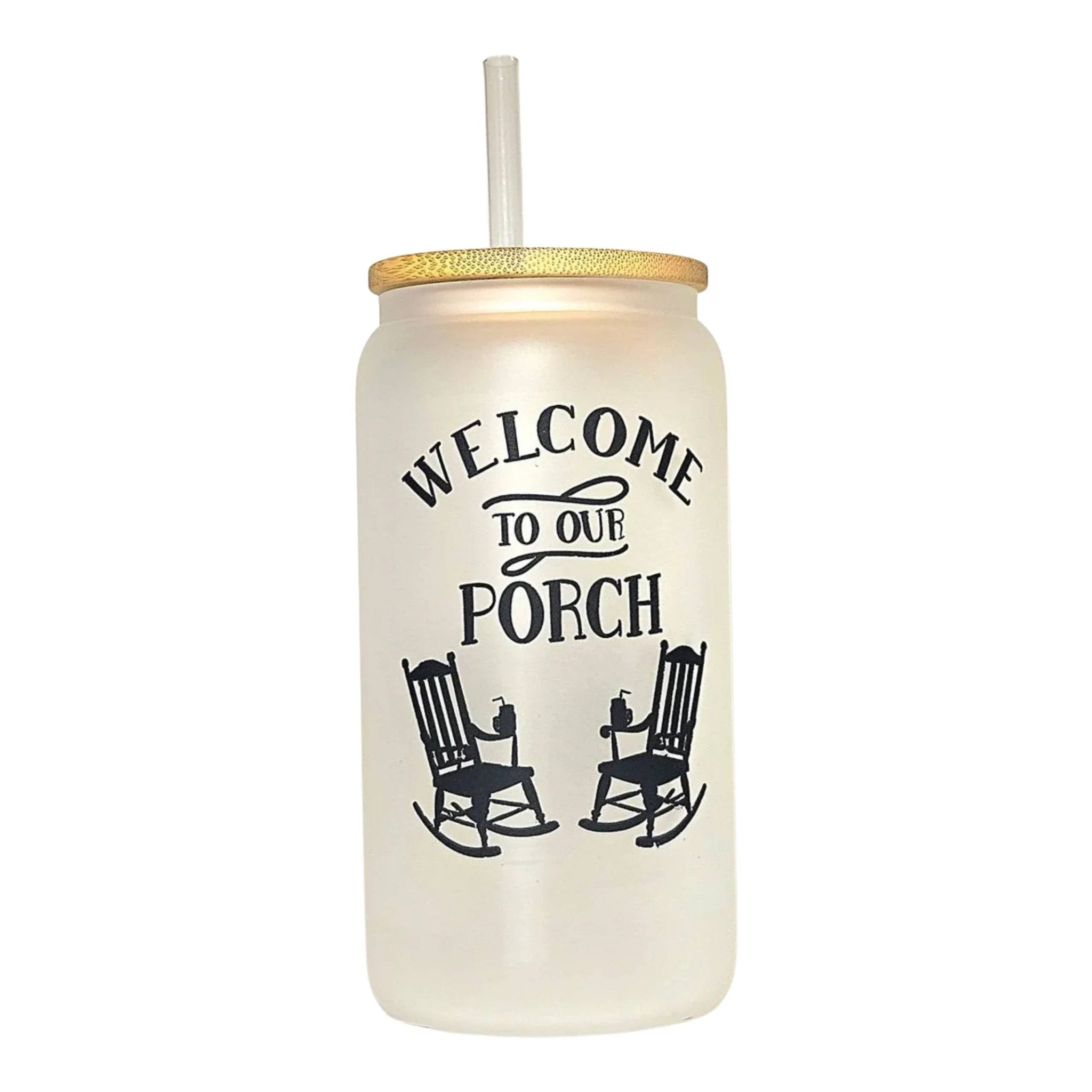 Frosted Glass Can Tumbler: Coffee Quips Porch Design, Bamboo Lid & Straw - Coffee Quips Custom Drinkware