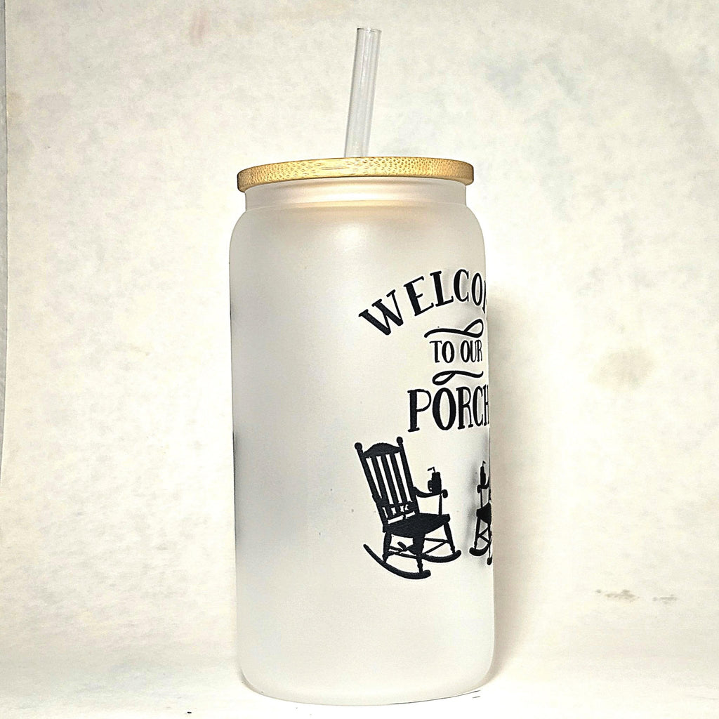 Frosted Glass Can Tumbler: Coffee Quips Porch Design, Bamboo Lid & Straw - Coffee Quips Custom Drinkware