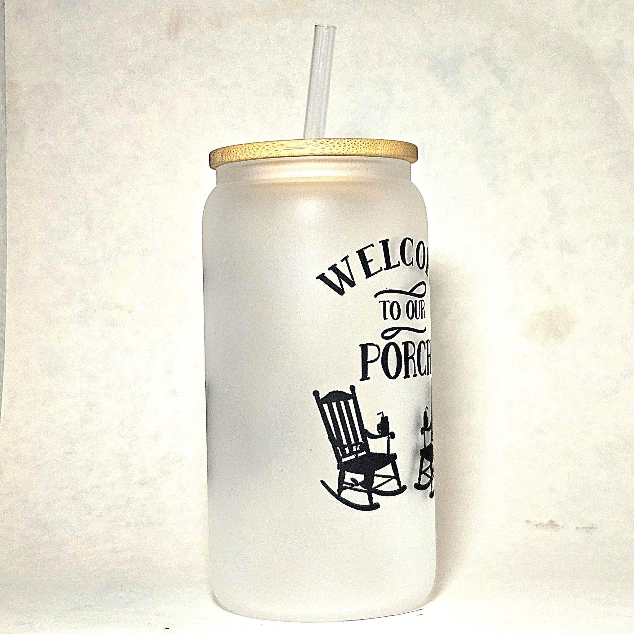 Frosted Glass Can Tumbler: Coffee Quips Porch Design, Bamboo Lid & Straw - Coffee Quips Custom Drinkware