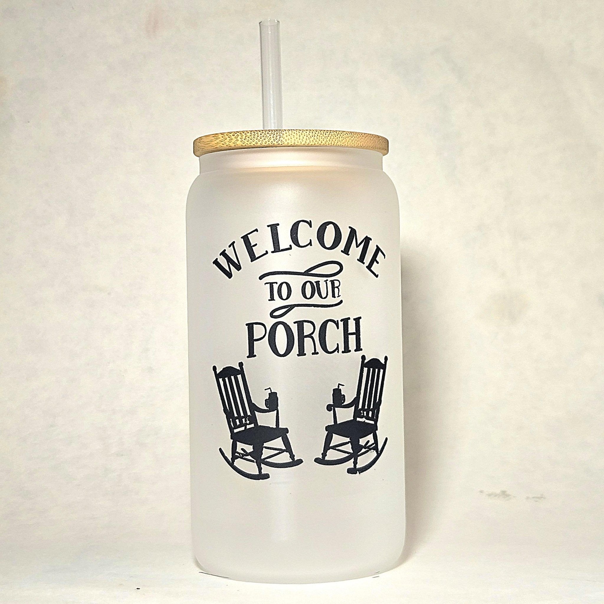Frosted Glass Can Tumbler: Coffee Quips Porch Design, Bamboo Lid & Straw - Coffee Quips Custom Drinkware