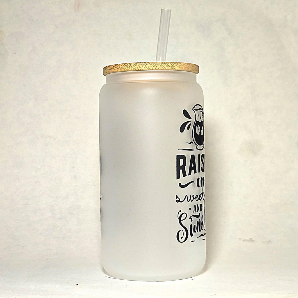 Frosted Glass Can Tumbler: Lemonade & Iced Tea with Bamboo Lid - Coffee Quips Custom Drinkware
