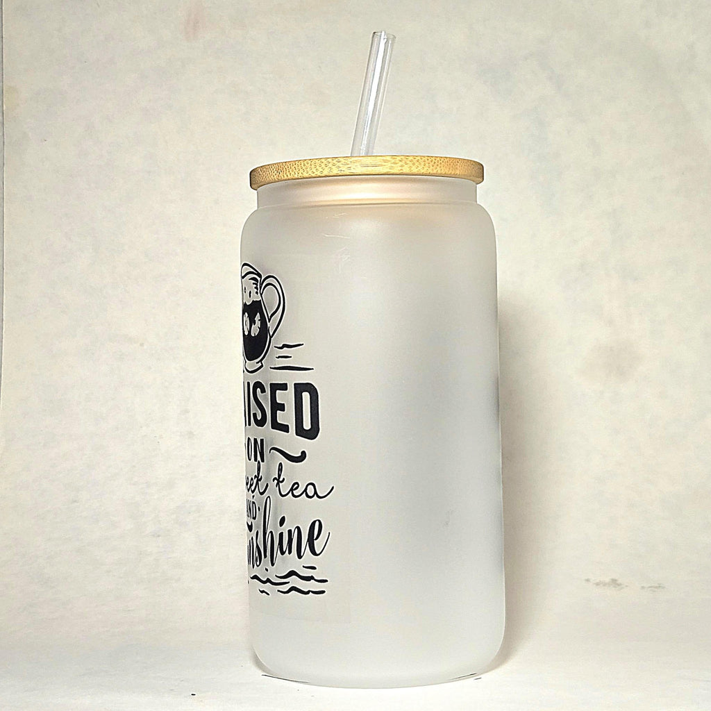 Frosted Glass Can Tumbler: Lemonade & Iced Tea with Bamboo Lid - Coffee Quips Custom Drinkware