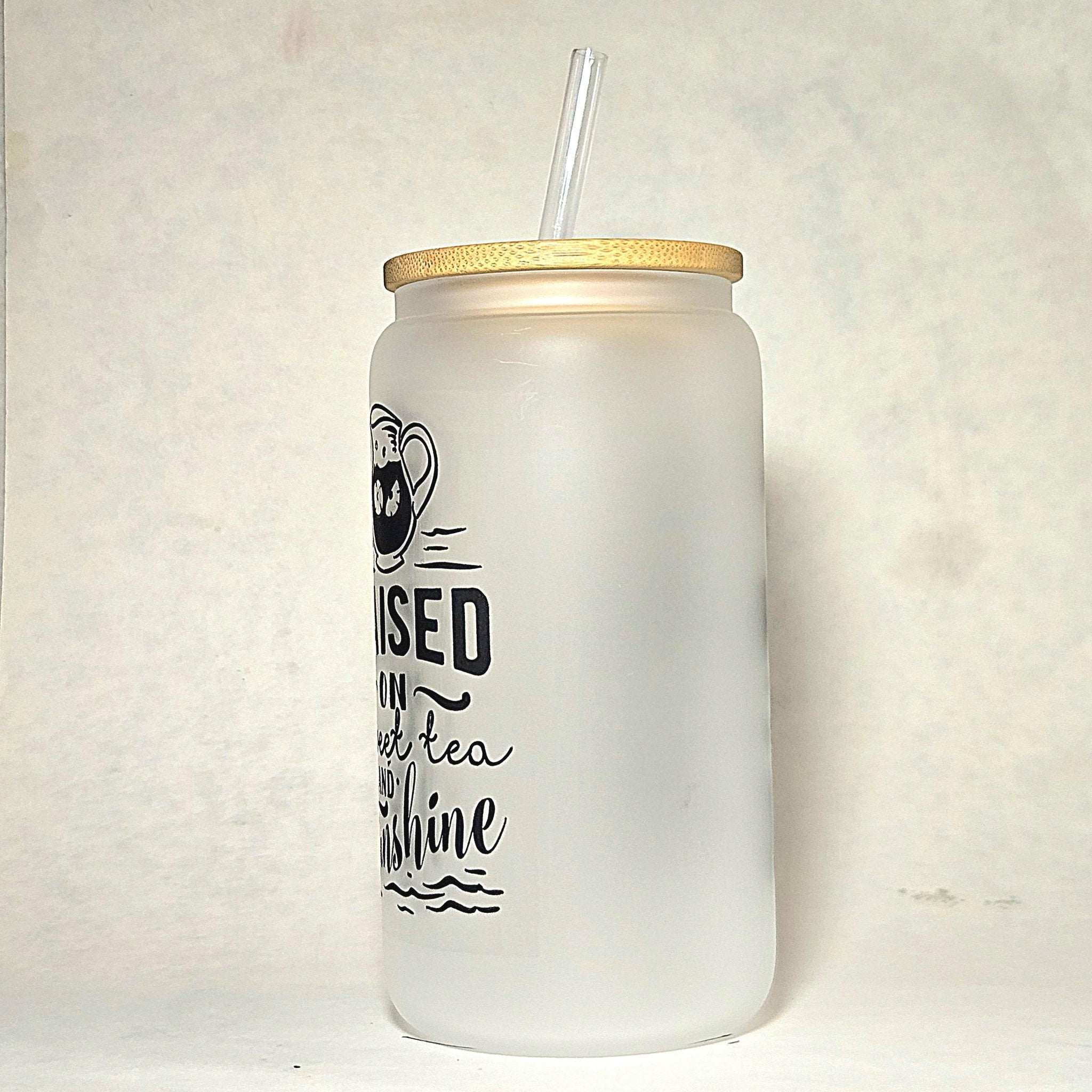 Frosted Glass Can Tumbler: Lemonade & Iced Tea with Bamboo Lid - Coffee Quips Custom Drinkware