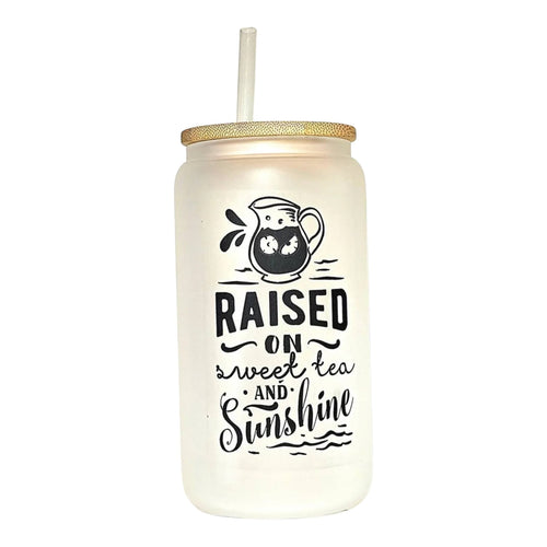 16oz Matte Glass Tumbler  with Bamboo Lid: Raised on Sweet Tea and Sunshine - Coffee Quips Custom Drinkware