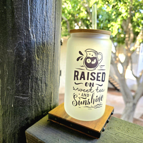 16oz Matte Glass Tumbler  with Bamboo Lid: Raised on Sweet Tea and Sunshine - Coffee Quips Custom Drinkware