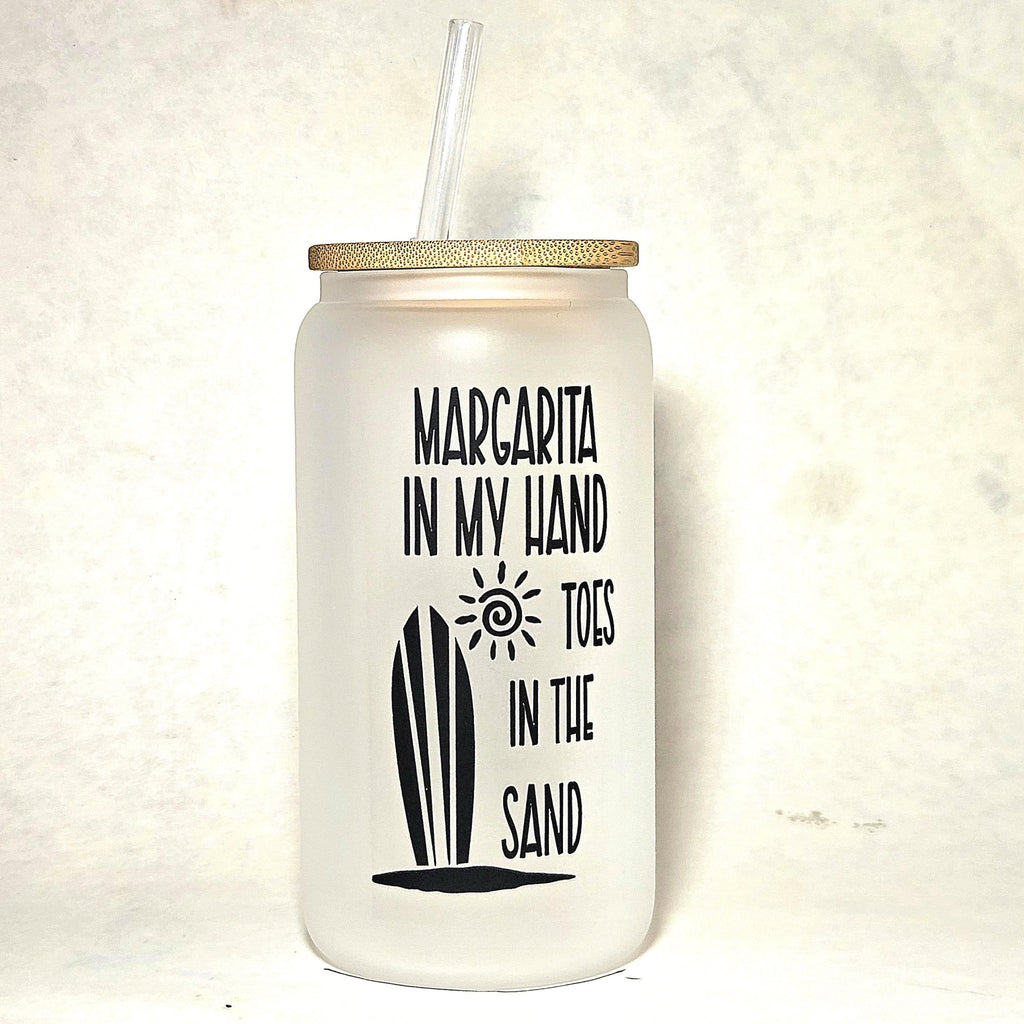 Frosted Glass Can Tumbler: Margarita in Hand, Toes in Sand - Bamboo Lid & Straw - Coffee Quips Custom Drinkware