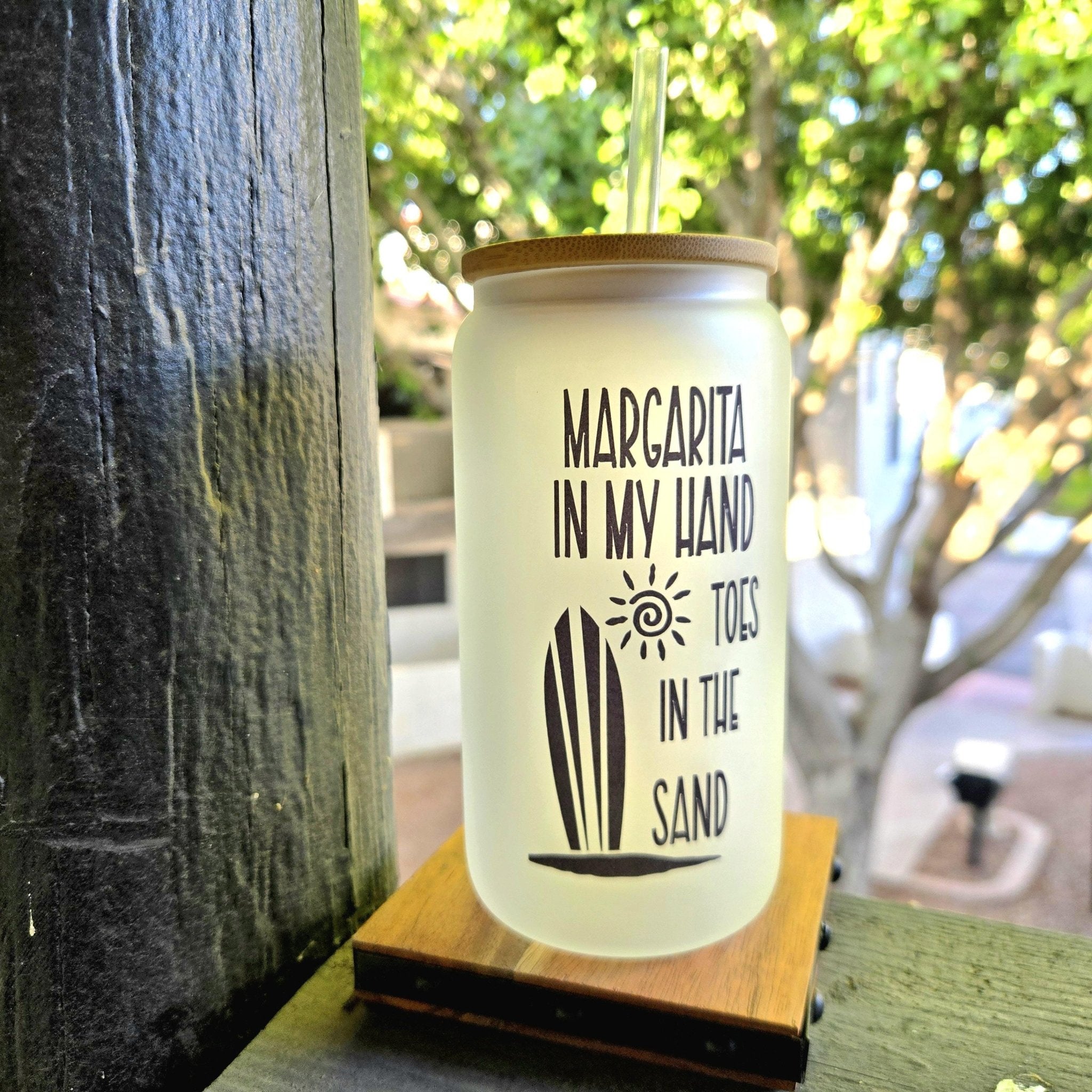 Frosted Glass Can Tumbler: Margarita in Hand, Toes in Sand - Bamboo Lid & Straw - Coffee Quips Custom Drinkware