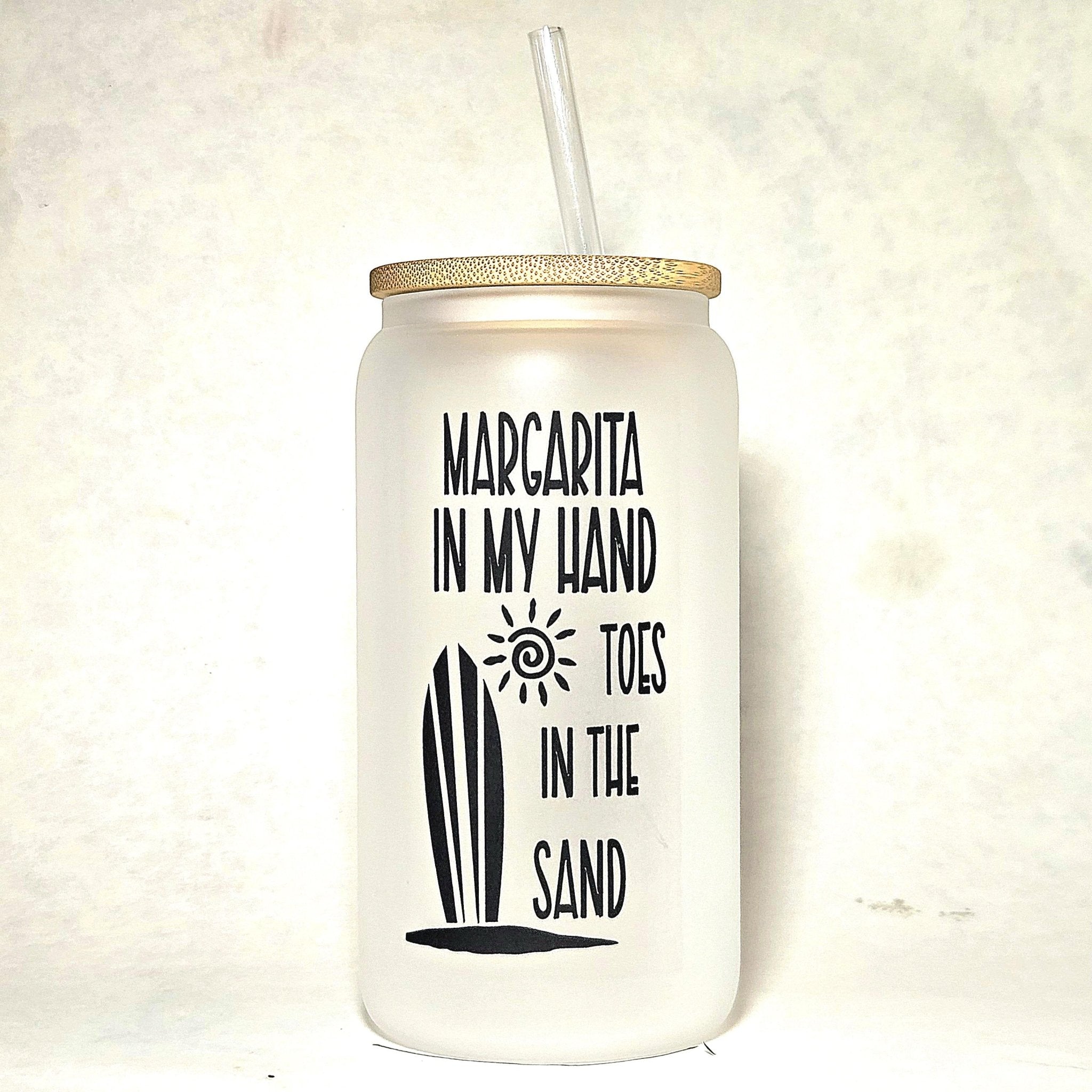 Frosted Glass Can Tumbler: Margarita in Hand, Toes in Sand - Bamboo Lid & Straw - Coffee Quips Custom Drinkware