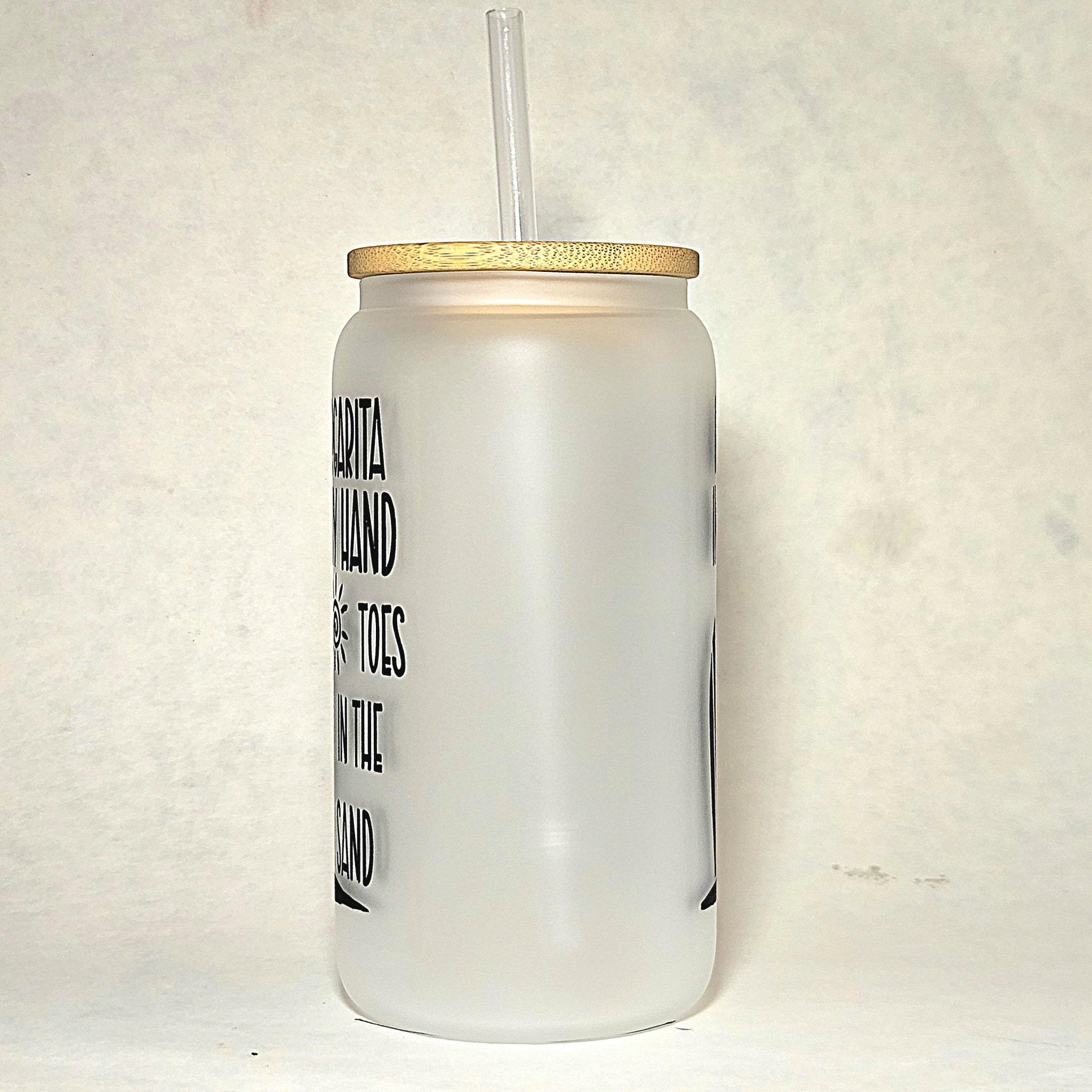 Frosted Glass Can Tumbler: Margarita in Hand, Toes in Sand - Bamboo Lid & Straw - Coffee Quips Custom Drinkware