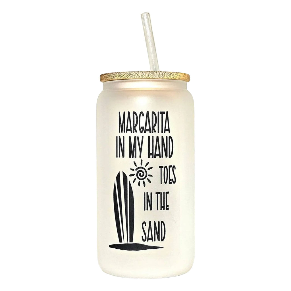 Frosted Glass Can Tumbler: Margarita in Hand, Toes in Sand - Bamboo Lid & Straw - Coffee Quips Custom Drinkware