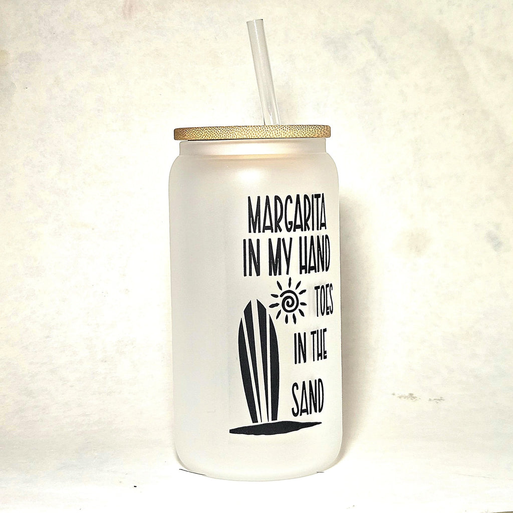 Frosted Glass Can Tumbler: Margarita in Hand, Toes in Sand - Bamboo Lid & Straw - Coffee Quips Custom Drinkware