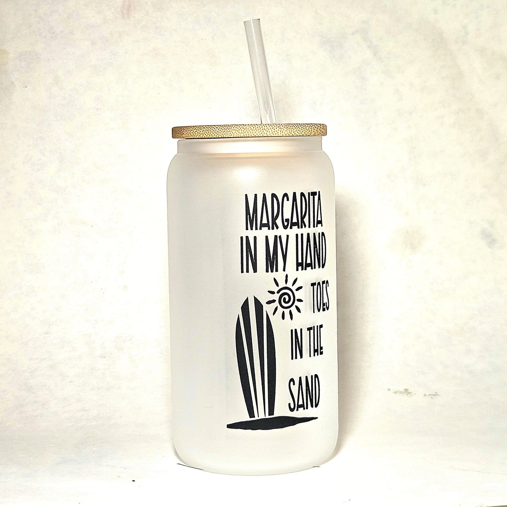 Frosted Glass Can Tumbler: Margarita in Hand, Toes in Sand - Bamboo Lid & Straw - Coffee Quips Custom Drinkware