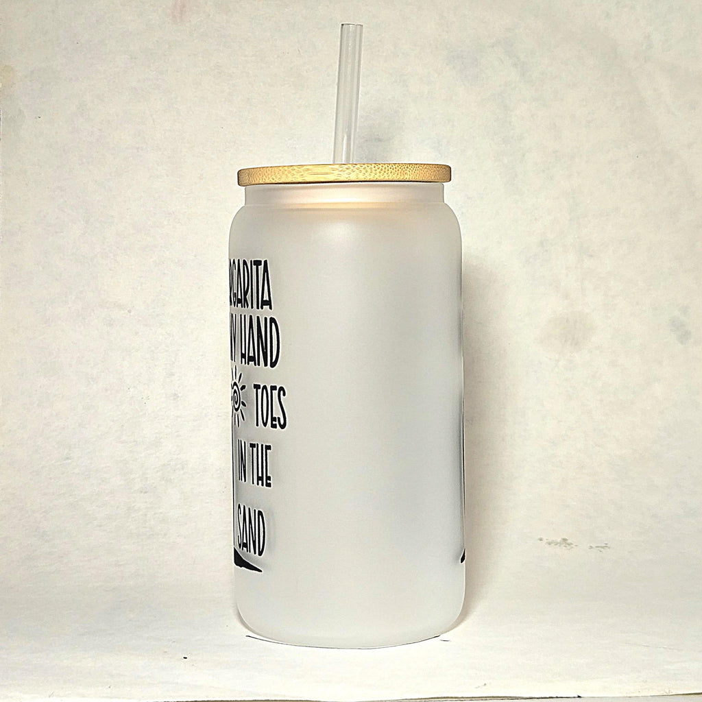 Frosted Glass Can Tumbler: Margarita in Hand, Toes in Sand - Bamboo Lid & Straw - Coffee Quips Custom Drinkware