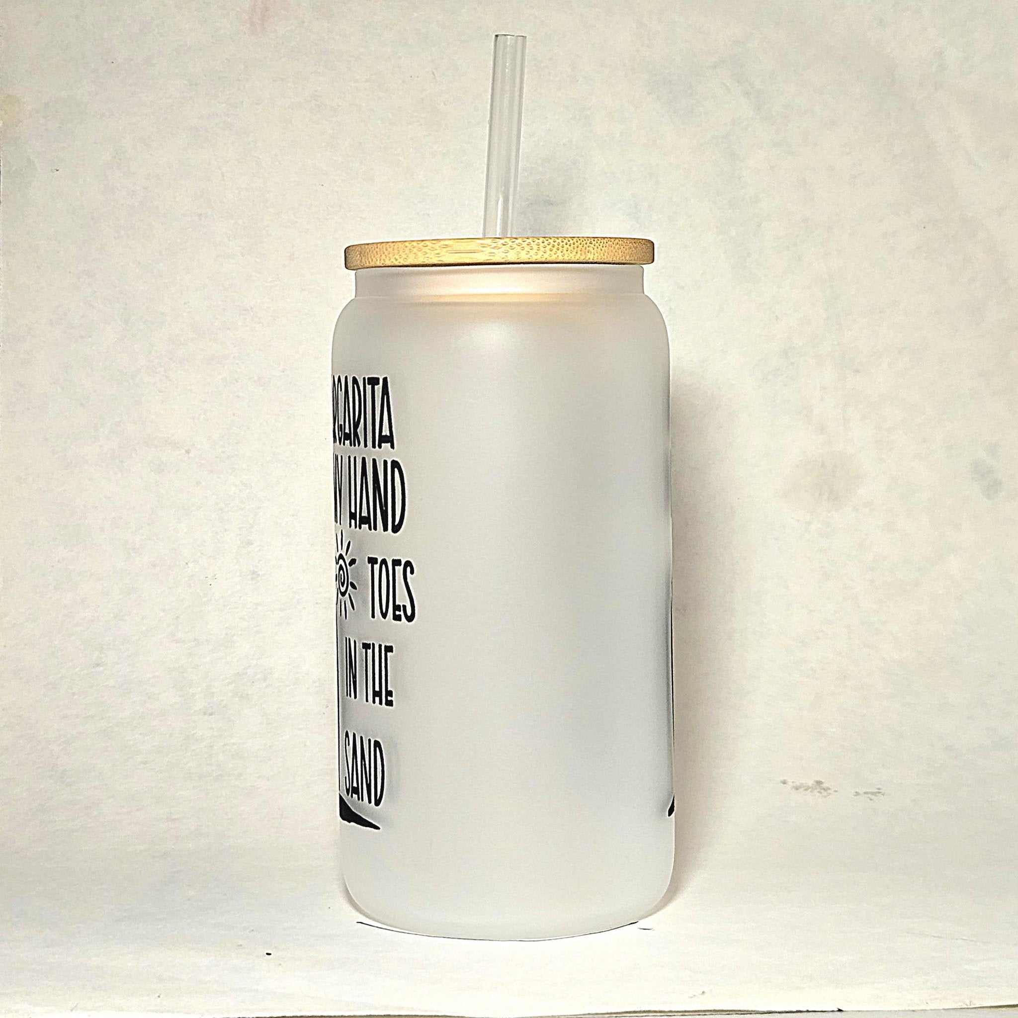 Frosted Glass Can Tumbler: Margarita in Hand, Toes in Sand - Bamboo Lid & Straw - Coffee Quips Custom Drinkware