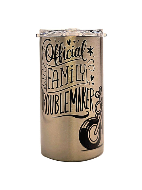 Funny 12oz Grow With Me Stainless Tumbler the Official Family Troublemaker BPA Free dual lid - Coffee Quips Custom Drinkware