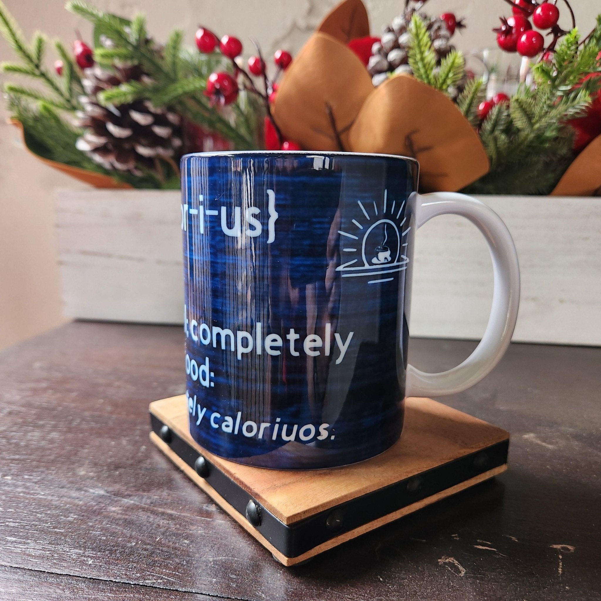 Funny 'Glorious Calories' Ceramic Coffee Mug: Play on Words, 12 oz - Coffee Quips Custom Drinkware