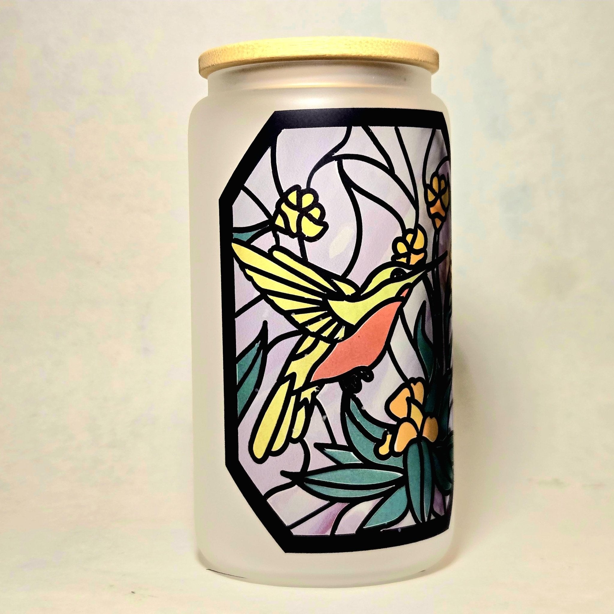 Hummingbird Stained Glass Tumbler: Coffee Quips 16oz Glass Can - Coffee Quips Custom Drinkware