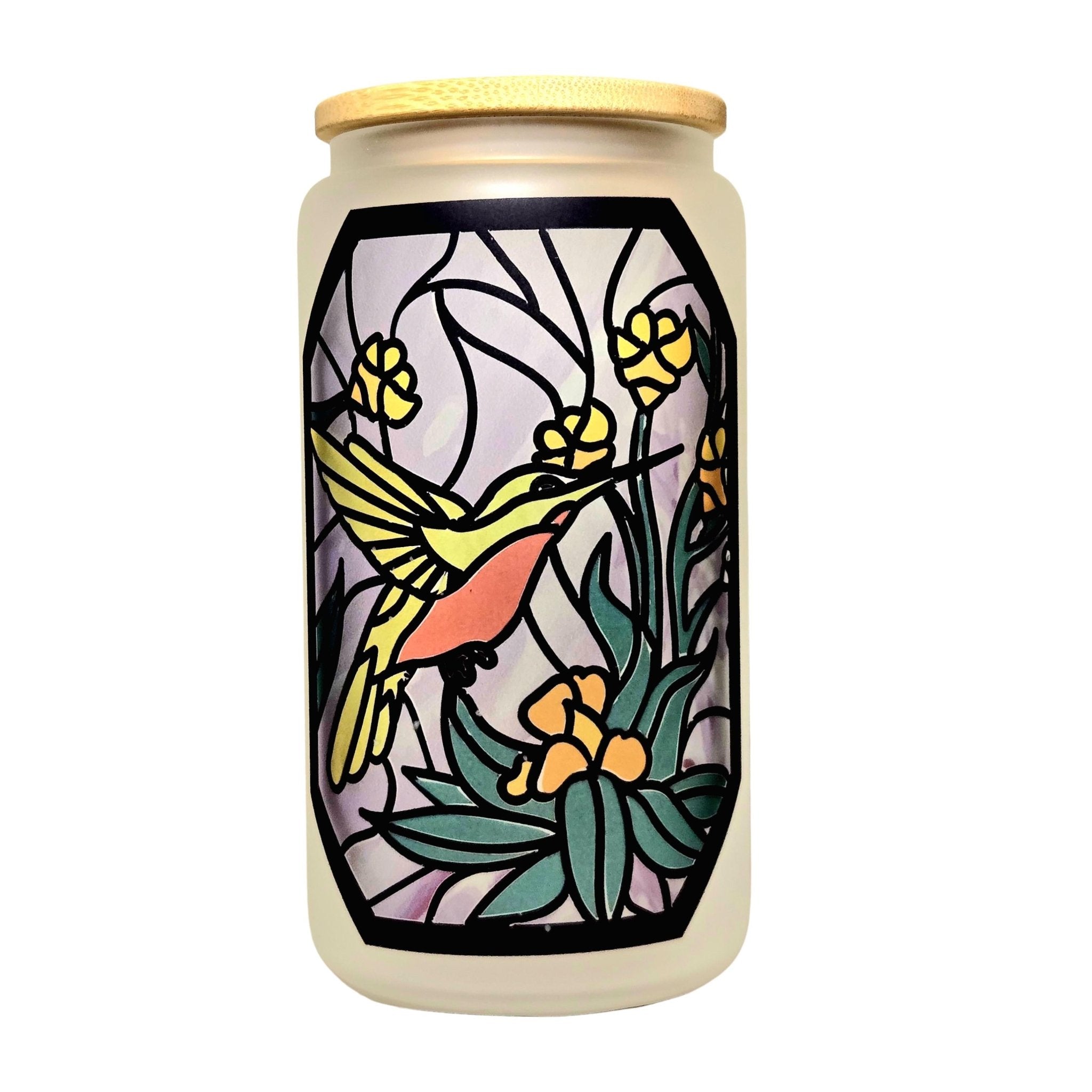Hummingbird Stained Glass Tumbler: Coffee Quips 16oz Glass Can - Coffee Quips Custom Drinkware