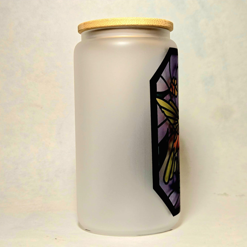 Hummingbird Stained Glass Tumbler: Coffee Quips 16oz Glass Can - Coffee Quips Custom Drinkware