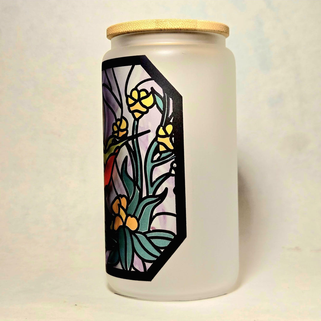 Hummingbird Stained Glass Tumbler: Coffee Quips 16oz Glass Can - Coffee Quips Custom Drinkware