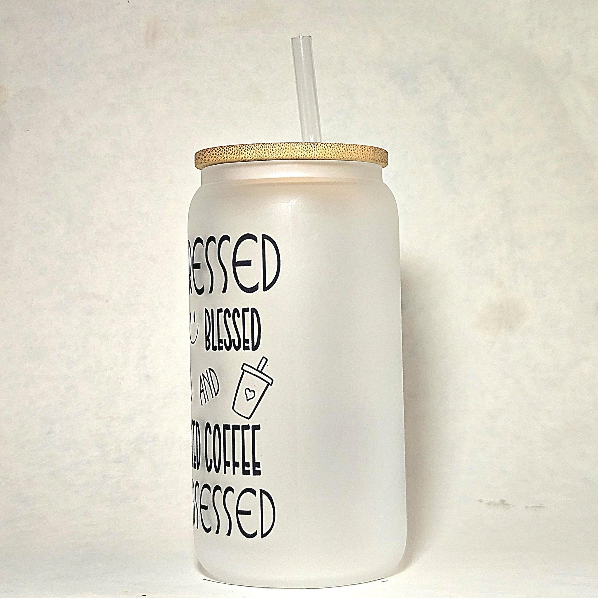 Iced Coffee Glass Tumbler - Stressed Blessed : Coffee Quips Custom Drinkware
