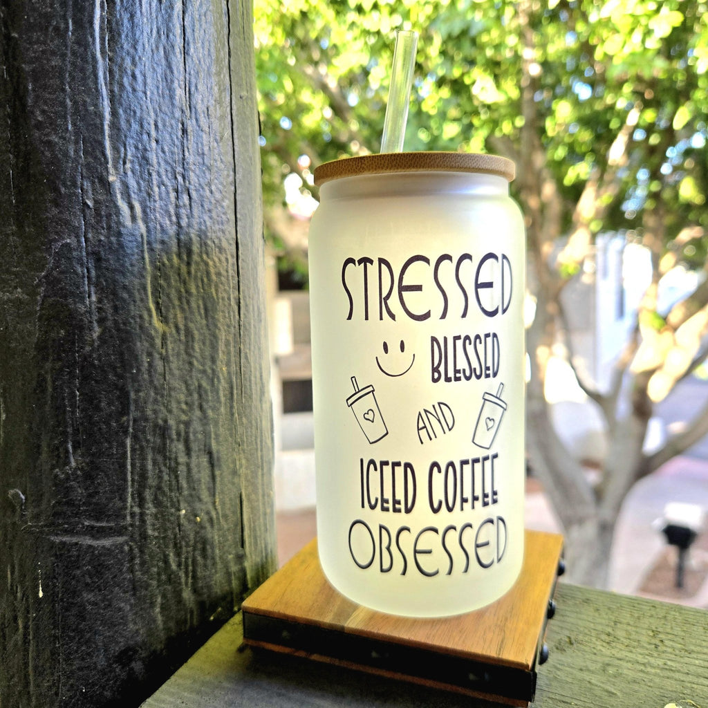 Iced Coffee Glass Tumbler - Stressed Blessed : Coffee Quips Custom Drinkware